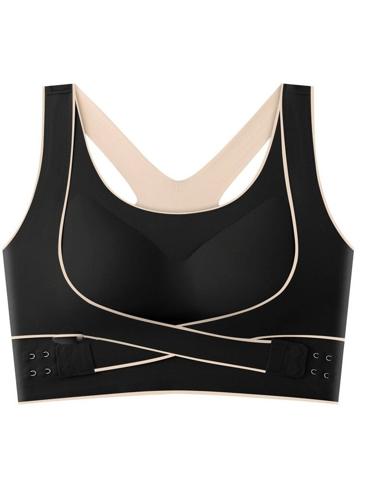 Black elastic cross back push up sports bra with front closure for women, offering superior support and comfort.
